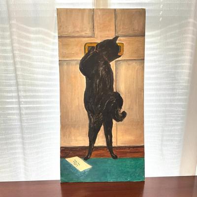 991 Cat Painting On Board Looking Out Of Mail Slot