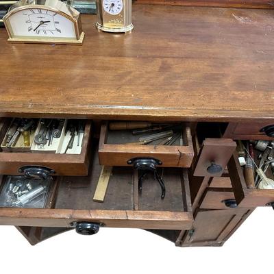 Furniture - Antique Watchmakers table & tools - Standing Desk w/ Clocks and tools