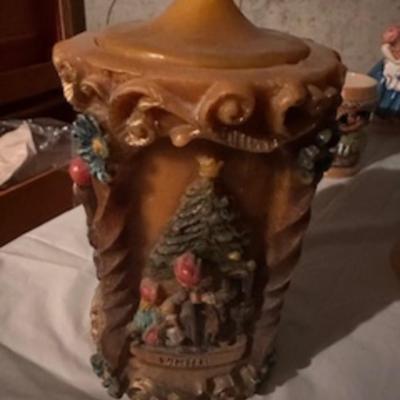 BEER STEINS, SWISS GIRL FIGURINE AND A CARVED CANDLE