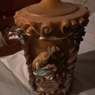 BEER STEINS, SWISS GIRL FIGURINE AND A CARVED CANDLE