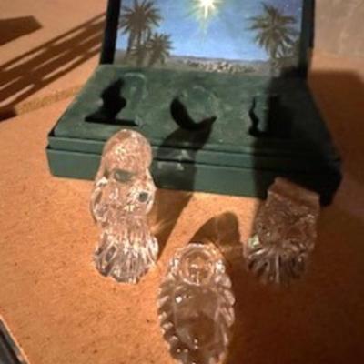 GLASS CHRISTMAS FIGURES, TRINKET BOX AND HAND PAINTED PITCHER