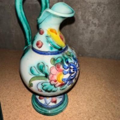 GLASS CHRISTMAS FIGURES, TRINKET BOX AND HAND PAINTED PITCHER