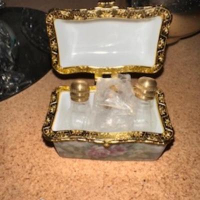 GLASS CHRISTMAS FIGURES, TRINKET BOX AND HAND PAINTED PITCHER