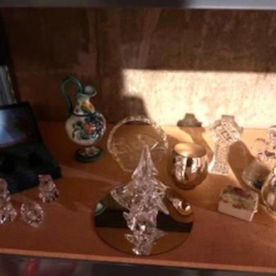 GLASS CHRISTMAS FIGURES, TRINKET BOX AND HAND PAINTED PITCHER