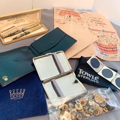 Vintage Collectibles Lot - Towle Mirror Rolex Wallet Chanel Pen Set 1940s Foldout Card +++