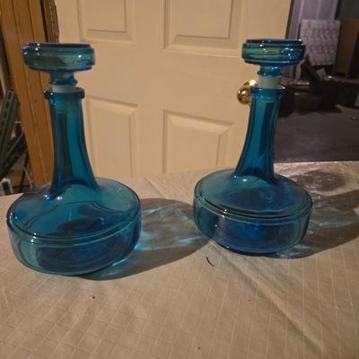 2 BLUE GLASS DECANTERS