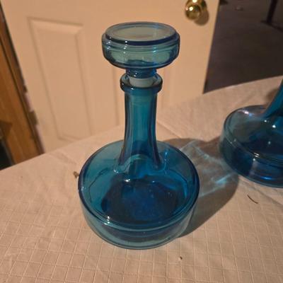 2 BLUE GLASS DECANTERS