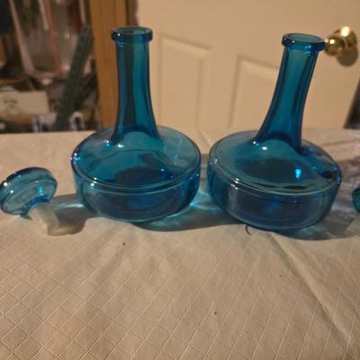 2 BLUE GLASS DECANTERS