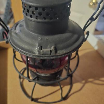 RAILROAD LANTERN WITH RED GLASS GLOBE