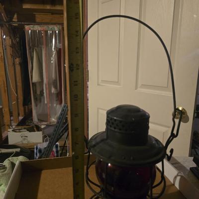 RAILROAD LANTERN WITH RED GLASS GLOBE