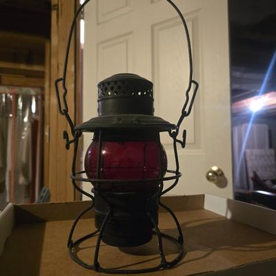 RAILROAD LANTERN WITH RED GLASS GLOBE