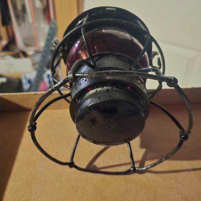 RAILROAD LANTERN WITH RED GLASS GLOBE