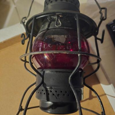 RAILROAD LANTERN WITH RED GLASS GLOBE
