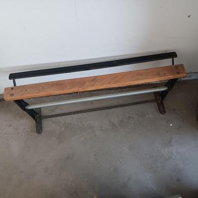 BUTCHER'S PAPER HOLDER AND CUTTER, OLD WOOD STOOL AND A METAL UNKNOWN FARMING TOOL?