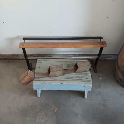 BUTCHER'S PAPER HOLDER AND CUTTER, OLD WOOD STOOL AND A METAL UNKNOWN FARMING TOOL?