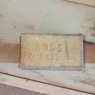 BUTCHER'S PAPER HOLDER AND CUTTER, OLD WOOD STOOL AND A METAL UNKNOWN FARMING TOOL?