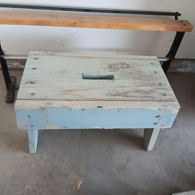 BUTCHER'S PAPER HOLDER AND CUTTER, OLD WOOD STOOL AND A METAL UNKNOWN FARMING TOOL?