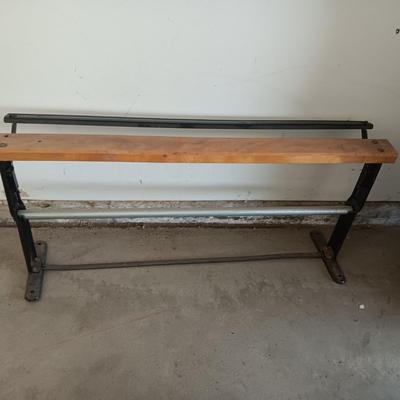 BUTCHER'S PAPER HOLDER AND CUTTER, OLD WOOD STOOL AND A METAL UNKNOWN FARMING TOOL?