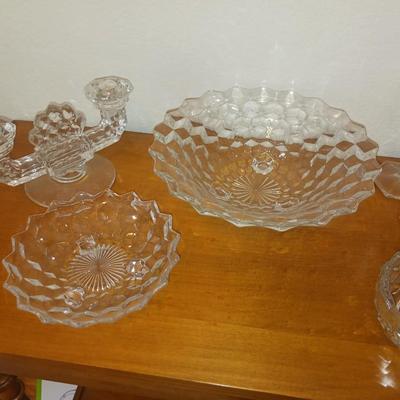 FOSTORIA STEMWARE, CANDLE HOLDERS, FOOTED BOWL AND MORE