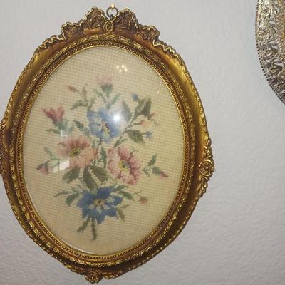 FRAMED NEEDLEPOINT AND VICTORIAN SCENE WALL ART