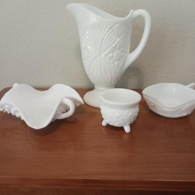 FENTON HOBNAIL CANDY DISH AND 3 OTHER MILK GLASS PIECES