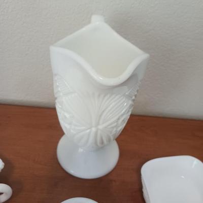 FENTON HOBNAIL CANDY DISH AND 3 OTHER MILK GLASS PIECES
