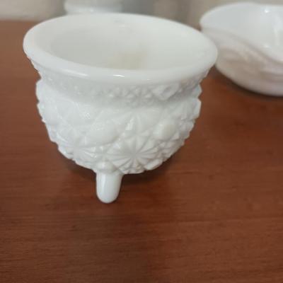FENTON HOBNAIL CANDY DISH AND 3 OTHER MILK GLASS PIECES