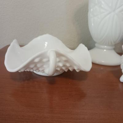FENTON HOBNAIL CANDY DISH AND 3 OTHER MILK GLASS PIECES