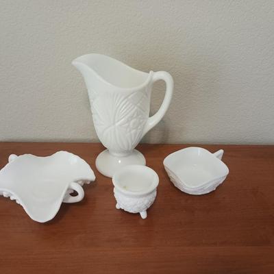 FENTON HOBNAIL CANDY DISH AND 3 OTHER MILK GLASS PIECES