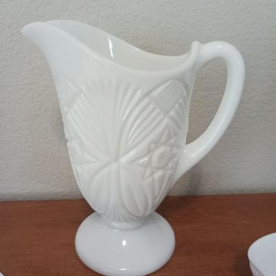 FENTON HOBNAIL CANDY DISH AND 3 OTHER MILK GLASS PIECES