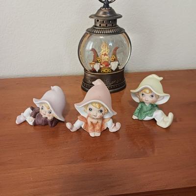 3 HOMCO ELVES AND A LIT FISH BOWL