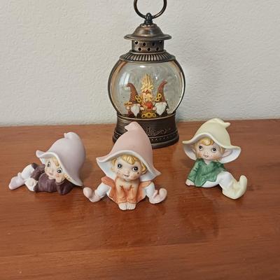 3 HOMCO ELVES AND A LIT FISH BOWL
