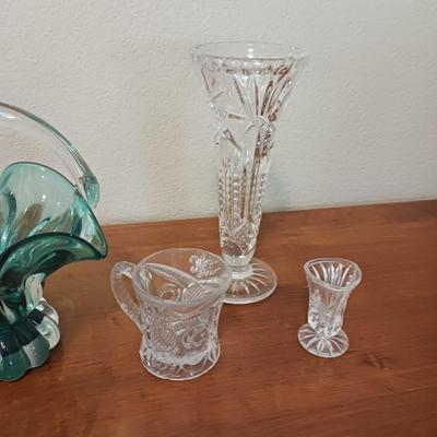 TEAL GLASS BASKET, CRYSTAL VASE, GLASS PITCHER AND MORE