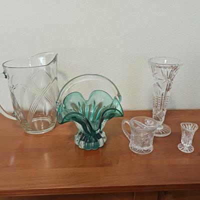 TEAL GLASS BASKET, CRYSTAL VASE, GLASS PITCHER AND MORE