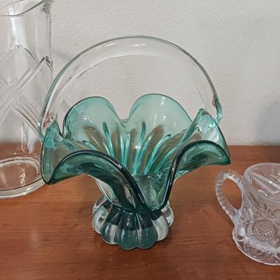 TEAL GLASS BASKET, CRYSTAL VASE, GLASS PITCHER AND MORE