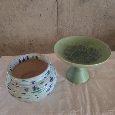 CERAMICS BY FREEDA FLOWER POT AND A BOWL ON A PEDESTAL