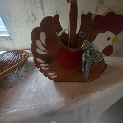 WOODEN ROOSTER BASKET AND A WICKER MCM WALL HANGING