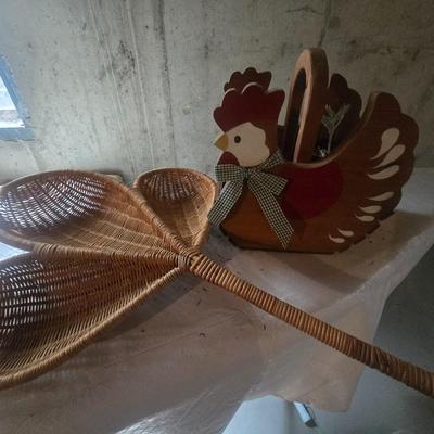 WOODEN ROOSTER BASKET AND A WICKER MCM WALL HANGING