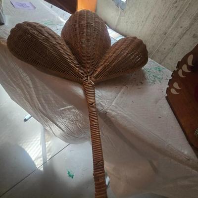 WOODEN ROOSTER BASKET AND A WICKER MCM WALL HANGING