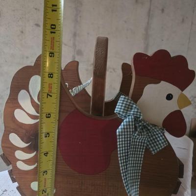 WOODEN ROOSTER BASKET AND A WICKER MCM WALL HANGING