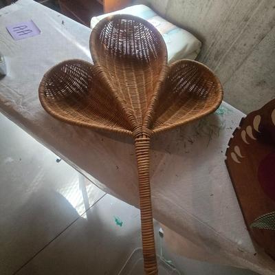 WOODEN ROOSTER BASKET AND A WICKER MCM WALL HANGING