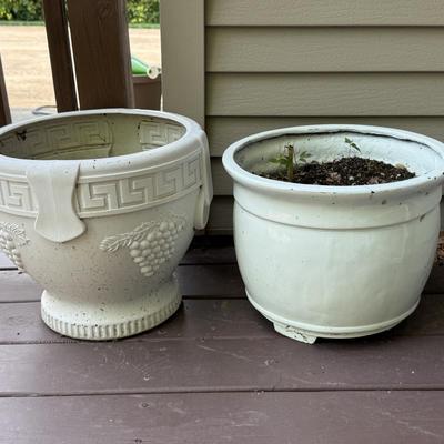 White Planters, one glass and one plastic