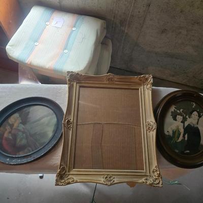 VINTAGE ART IN OVAL FRAMES AND A VARIETY OF PICTURE FRAMES