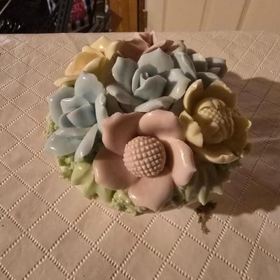 MUSICAL POWDER BOX, PORCELAIN FLOWER BOUQUET AND MORE