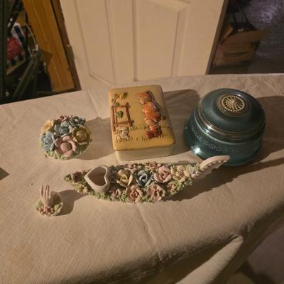 MUSICAL POWDER BOX, PORCELAIN FLOWER BOUQUET AND MORE