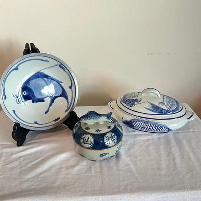 817 One Chinese Blue/White Pottery Bowl , Pewter edge Covered Bowl WIth Koi Fish