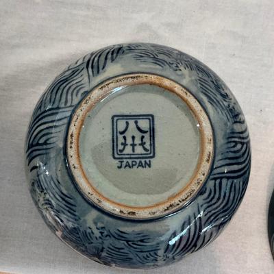 817 One Chinese Blue/White Pottery Bowl , Pewter edge Covered Bowl WIth Koi Fish