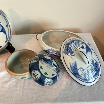 817 One Chinese Blue/White Pottery Bowl , Pewter edge Covered Bowl WIth Koi Fish