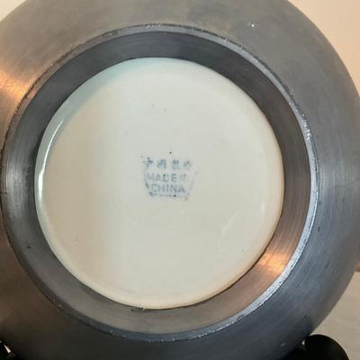 817 One Chinese Blue/White Pottery Bowl , Pewter edge Covered Bowl WIth Koi Fish