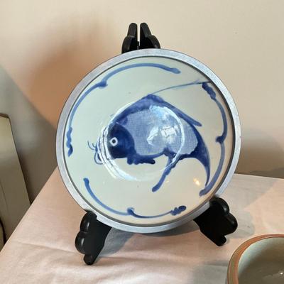 817 One Chinese Blue/White Pottery Bowl , Pewter edge Covered Bowl WIth Koi Fish